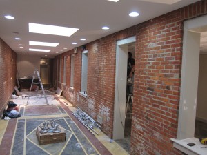 This is the new classroom space, with its skylights and peak through windows into the rest of the store. Yay for brick walls!