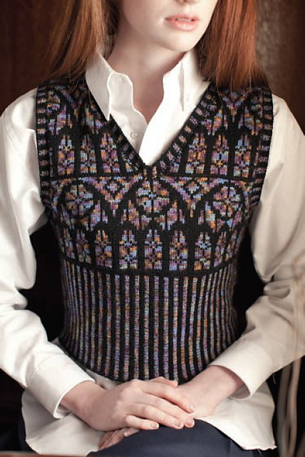 Tracery is a stunning vest featuring a gothic style stain glass window motif. It uses fingering weight yarn. Brooklyn Tweed LOFT or Spud and Chloe fine offer many color combinations.