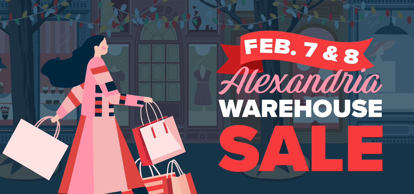 An illustration of a light-skinned person with long dark hair wearing a long pink and red coat and carrying several shopping bags. Text: Feb. 7 & 8, Alexandria Warehouse Sale.