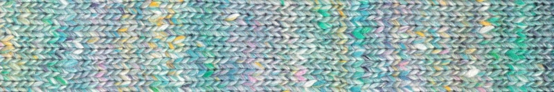 A knitted swatch of multicolored yarn in soft green, lavender, yellow and pink shades.