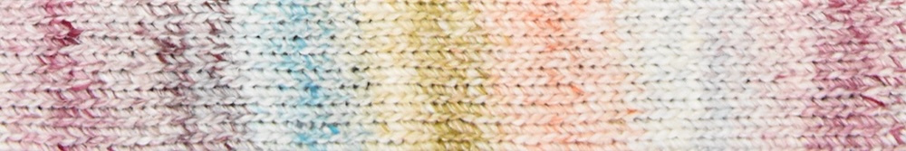 A knitted swatch of multicolored yarn in soft peach, yellow, blue and pink shades.