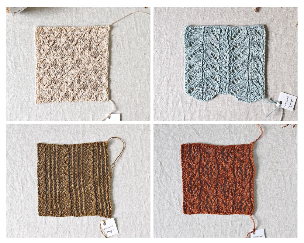 Four photos of swatches of De Rerum Natura Antigone yarn in beige, light blue, olive and rust.