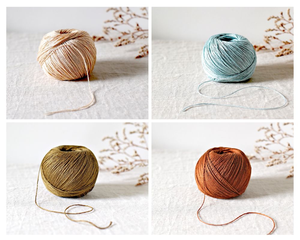 Four photos of De Rerum Natura Antigone yarn in beige, light blue, olive and rust.