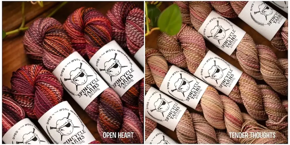 Skeins of Spincycle Yarns Dyed in the Wool in colors Open Heart and Tender Thoughts.