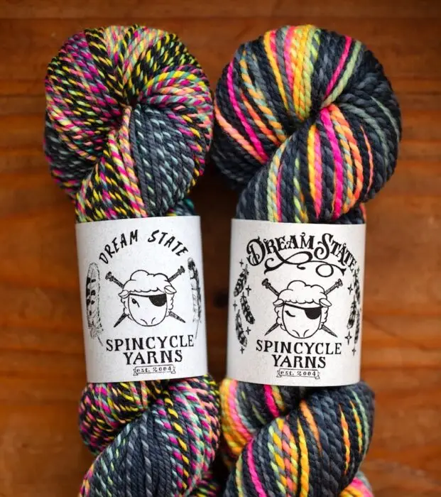 Old and new skeins of Spincycle Yarns Dream State.