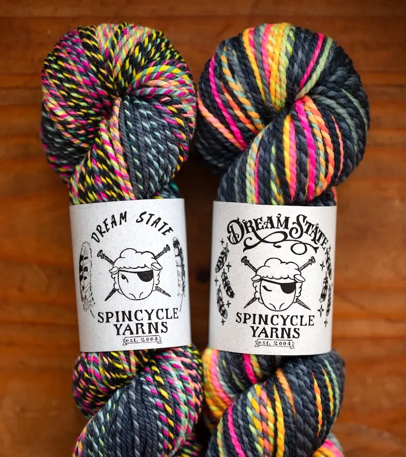 Original and new skeins of Spincycle Yarns Dream State.