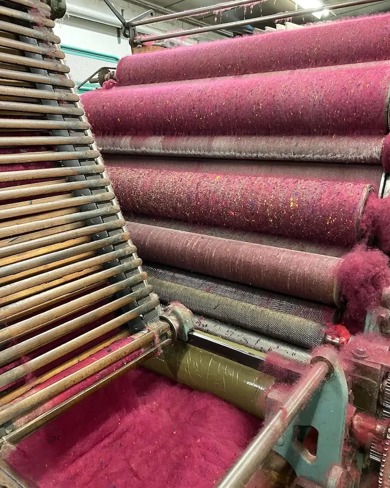 Dyed wool and tweed nepps being carded together.