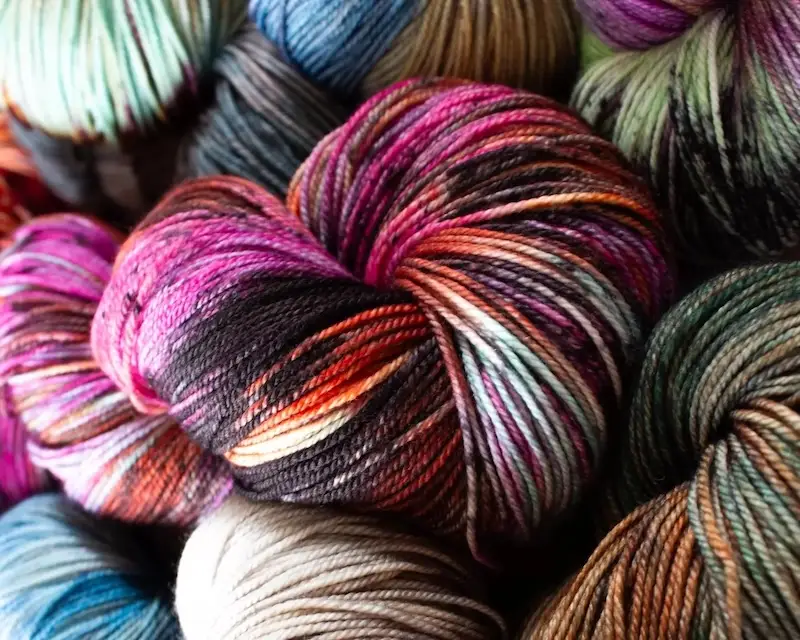 Closeup of skeins of Malabrigo Sock yarn.