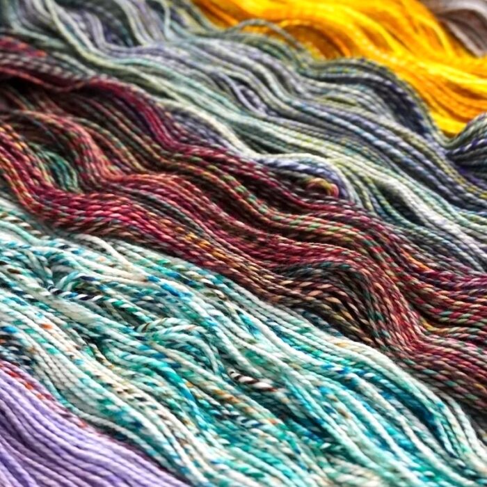 Loose skeins of Malabrigo Torzal yarn.