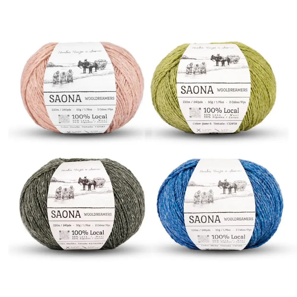 Four balls of Wooldreamers Saona in soft peach, bright yellow-green, deep forest green, and bright blue.