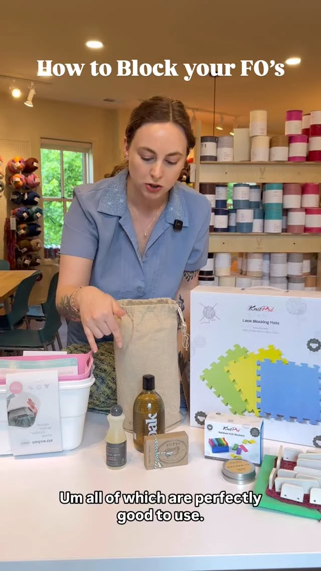 Blocking Part 1! We got some questions last week about blocking so Allison is here with a quick overview of what you need to know about blocking your finished objects. Blocking helps to open up your work so you can see all your beautiful stitches and help your garments fit the way you want them to. The Yarnistas are always happy to answer your blocking questions, so stop by and have a chat if you need some guidance! #strucket #soakwash #soak #tuftwoolens #cocoknits #blockyourknits #knitblocking #sweaterblocking #knitpro #knitprotools #learnwithfibrespace #shopalxva #otboutiques