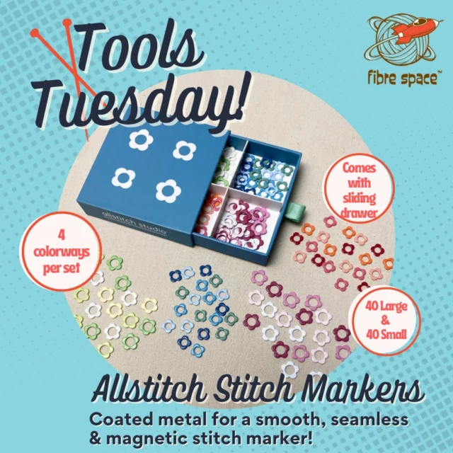 Need to refresh your stitch marker collection? Today's #toolstuesday is for you! The Flower Stitch Marker Sampler from Allstitch is a complete set of 80 stitch markers, all stored in an adorable sliding drawer box. You get 40 large and 40 small markers that will fit a wide range of needles and projects. They're coated metal, so they're smooth, seamless, and will stick to magnets. 

Grab yours in space or online in our capsule collection today!

https://fibrespace.com/shop/flower-stitch-marker-sampler

#allstitchmarkers #stitchmarkers #handknit #shopalxva #otboutiques #knittingnotions #getstitching